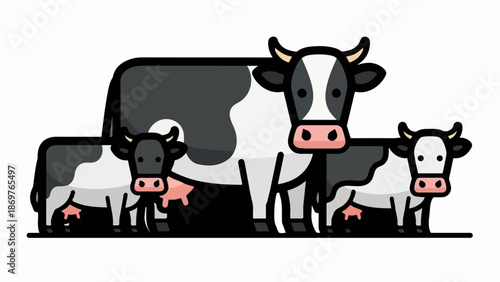 Three cartoon cows with black and white patches and pink udders stand together