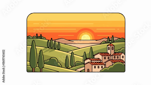 Stylized Tuscan village nestled in rolling hills at sunset