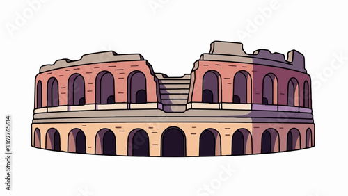 Stylized, two-tiered ancient arena with arches and weathered, worn upper levels