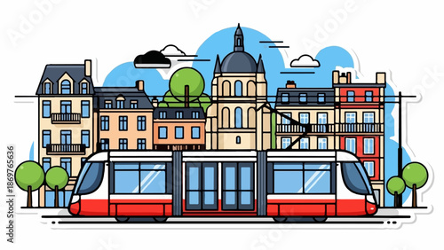 Stylized urban scene with a modern tram in front of historic buildings under a blue sky with clouds