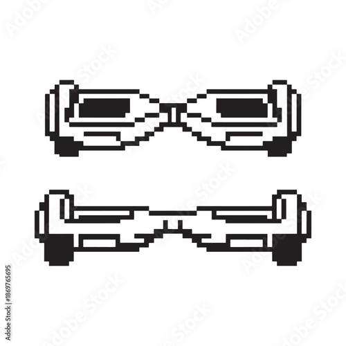 Pixelated illustration of two self balancing scooters in a simple black and white style