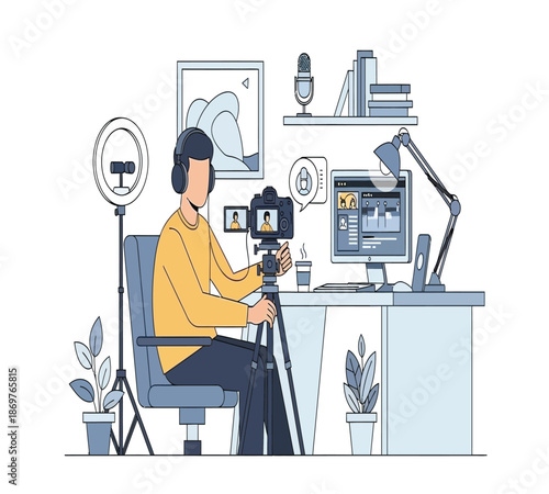 A person creating digital content with a camera computer and studio lighting