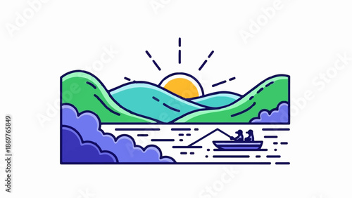 Stylized sunrise over rolling hills and a lake with two people fishing in a boat