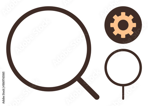 Search, optimization, technology, problem-solving, analysis, innovation. Brown magnifying glass and gear icon on a white background. Search and optimization technological efficiency