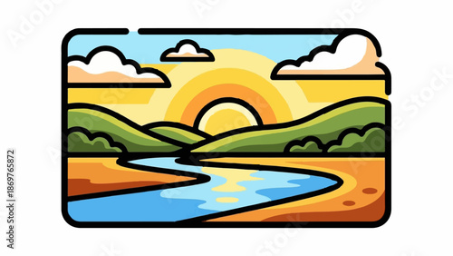 Stylized sunrise over rolling hills and a winding river, bathed in warm light