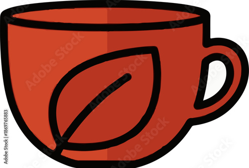 Stylized red teacup with a single leaf design, outlined in thick black