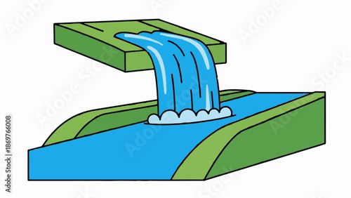 Stylized waterfall cascades from a green ledge into a blue river below