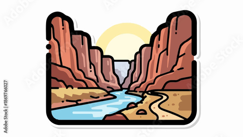 Stylized river carving through a sunlit canyon with towering red rock formations