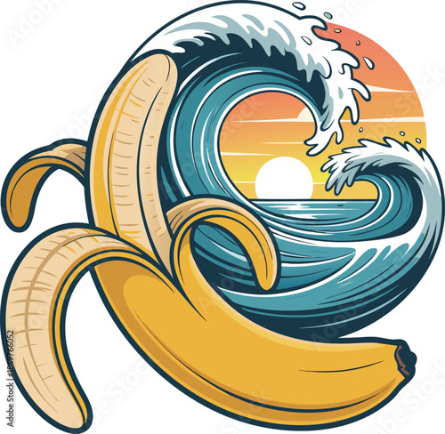 Creative Banana Surf Wave Sunset Vector Illustration
