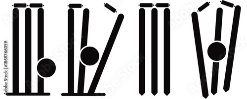 Cricket Wicket Icon Set – Stumps and Bails Silhouette Vector for Sports and Game
 Illustration