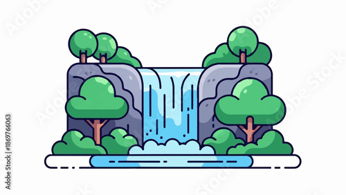 Stylized waterfall cascading down grey rocks, framed by green trees and bushes