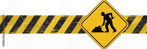 Road work warning sign with construction worker silhouette and yellow black hazard stripes, industrial safety illustration for traffic caution, maintenance zones, and construction awareness design