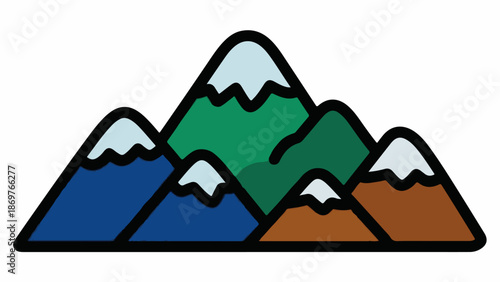 Stylized mountain range with snow-capped peaks, varied colors and distinct outlines