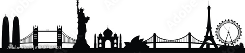 World landmarks skyline silhouette featuring famous global monuments and city icons, travel and tourism illustration showcasing international destinations, architecture heritage