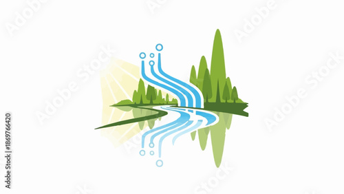 Stylized landscape with flowing water, trees, and sun rays