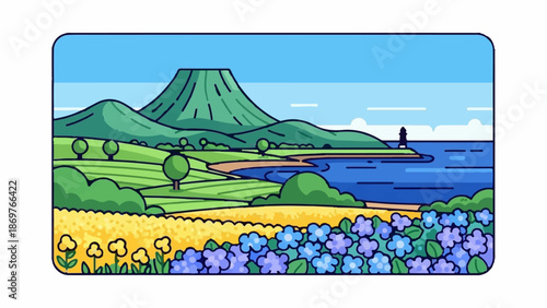 Stylized landscape with green hills, a bay, a distant lighthouse, and colorful flowers