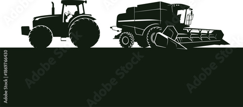 Black silhouette of agricultural tractor and combine harvester on farmland, modern farming machinery illustration for harvest, agribusiness, rural industry, and agriculture design