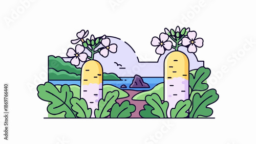 Stylized landscape with flowering radishes framing a sea view