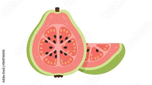 Vibrant pink guava fruit cut open with seeds and green skin