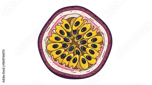 Vibrant passionfruit cut in half with yellow seeds