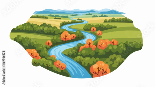 Stylized landscape with a winding river, green hills, and autumn trees