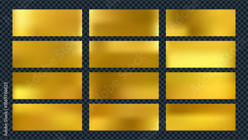 Set of gold metallic backgrounds with golden brass gradient, rich color and smooth reflective texture. Gold brass texture bg adds elegant shine and warmth for premium and luxurious design concepts.