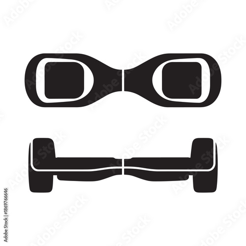 Black and white illustration of a self balancing scooter in two perspectives