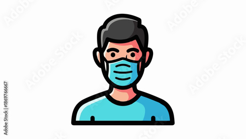 Stylized illustration of a person wearing a light blue face mask and shirt