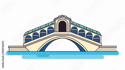 Stylized illustration of a picturesque stone bridge with arches over blue water