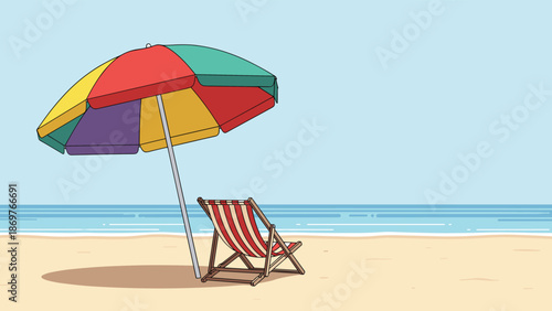 Lone striped beach chair rests under a vibrant multicolored sun umbrella on a quiet sandy coastline with gentle ocean waves nearby.