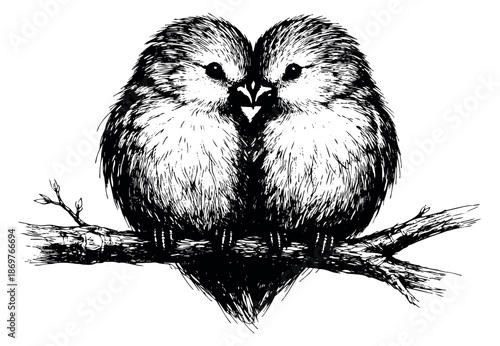 Hand drawn line art illustration of two fluffy birds depicting a loving pair perched on a branch for romance and nature concepts