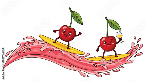 Two cheerful cartoon cherries enjoy surfing on a wave of red fruit juice while one holds a glass of a refreshing summer beverage.
