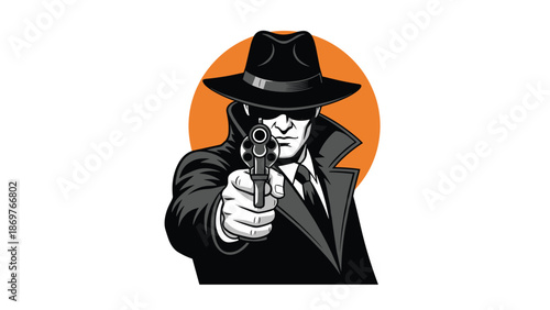Intense man in a fedora hat and sunglasses aims a revolver directly forward against an orange sun background in this art.