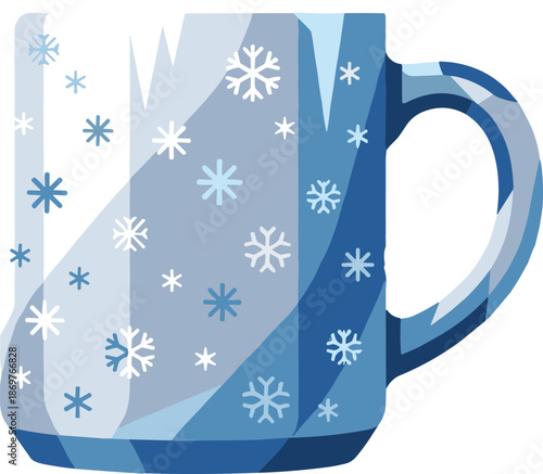 Snowflake mug silhouette, winter ceramic cup, icy pattern design, festive beverage icon, seasonal drinkware graphic, flat vector illustration