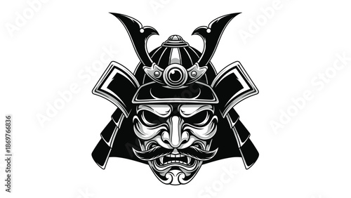 Detailed black and white illustration of a traditional japanese samurai helmet and mask featuring fierce facial expressions and horns.