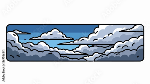 Stylized, layered clouds drift across a clear blue sky, framed by a rounded rectangle