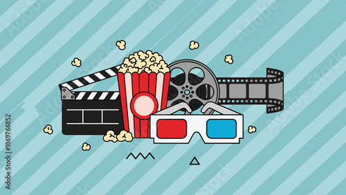 Collection of cinema icons including a popcorn bucket clapperboard film reel and 3D glasses on a blue striped background.