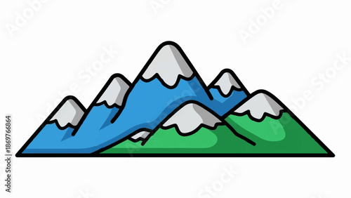 Stylized mountain range with snowy peaks and green hills
