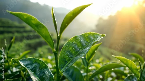 Wallpaper Mural Tea leaves sparkle with dew drops on mountain plantation at sunrise. Green tea plant with water droplets catches morning sunlight. Tea plantation leaves with dew in mountain sunrise light. Torontodigital.ca