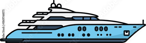 Stylized illustration of a modern luxury yacht with light blue hull and white upper decks