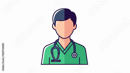 Stylized illustration of a medical professional wearing scrubs and a stethoscope, gender-neutral