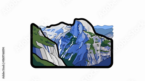 Stylized illustration of a massive granite mountain peak with green vegetation