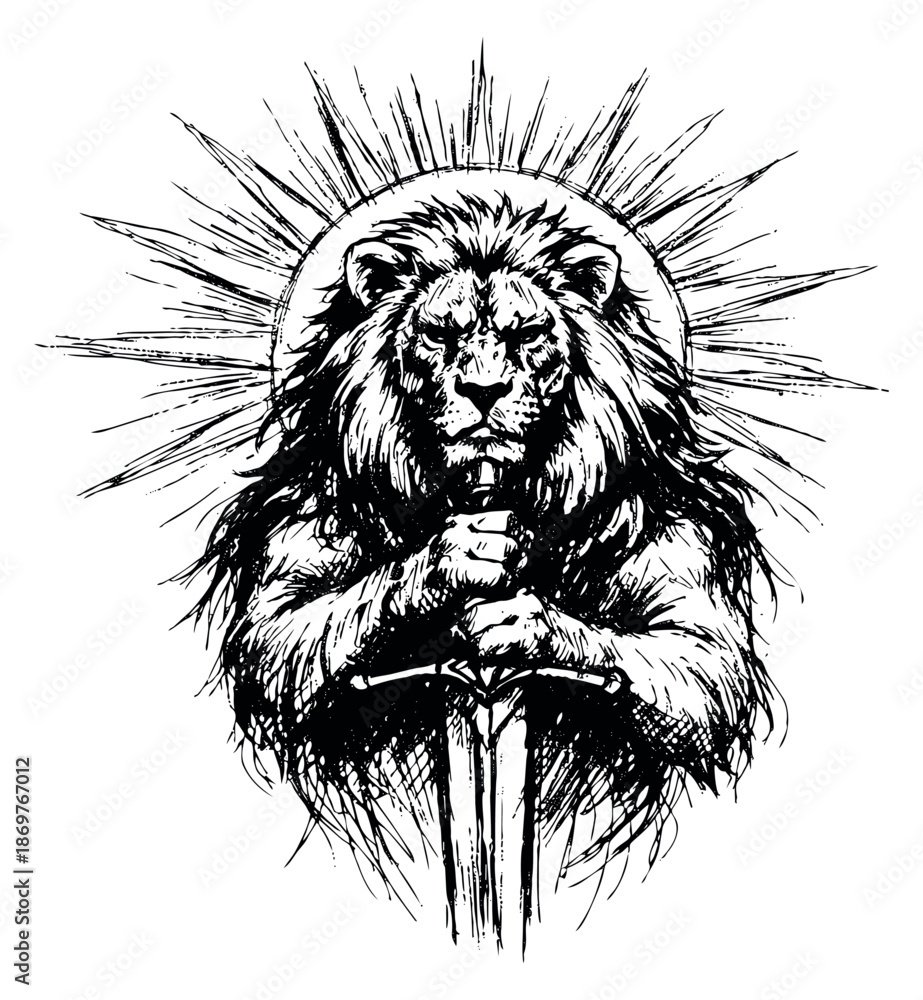Obraz premium Hand drawn illustration of a mighty lion holding a sword with a halo depicting strength for spiritual concepts