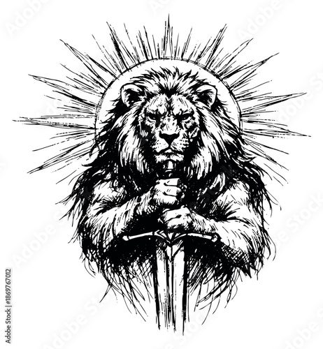 Hand drawn illustration of a mighty lion holding a sword with a halo depicting strength for spiritual concepts