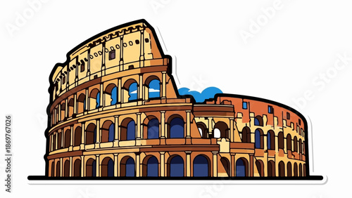 Stylized illustration of a historic Roman amphitheater with arched levels and sky elements