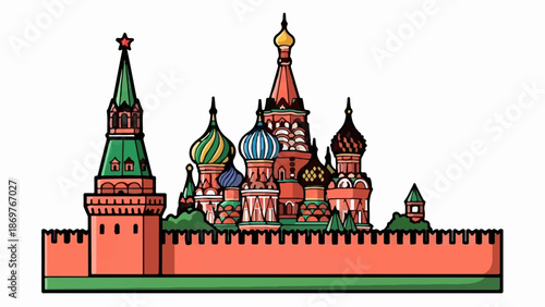 Stylized illustration of a historic fortress with onion domes and a red star