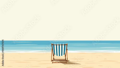 Empty blue and white striped beach chair sits alone on a golden sandy shore looking out at the vast and peaceful blue ocean.