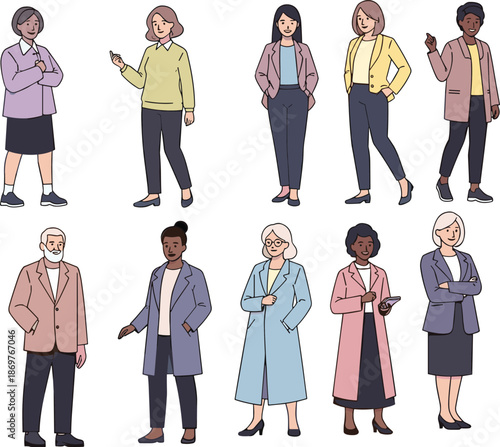 Diverse professional characters, workplace attire, team members, fashion styles, inclusive office culture, flat vector illustration, modern business people