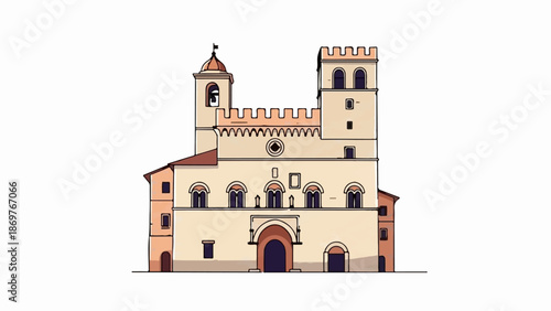 Stylized illustration of a historic building with two towers and crenellated battlements