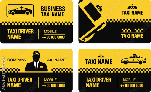 Taxi business card template set with yellow black design, professional cab service branding cards for drivers, transportation companies, ride service marketing, and urban mobility identity